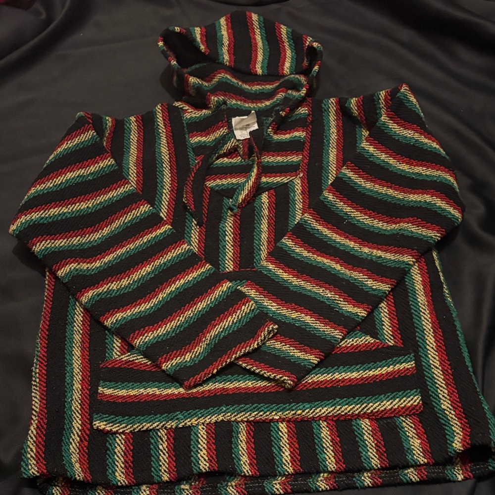 Striped Hooded Pullover Sweater - Black with Red, Green, Yellow Stripes